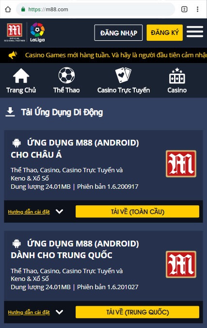 Giao diện bước 1 tải M88 trên thiết bị Android