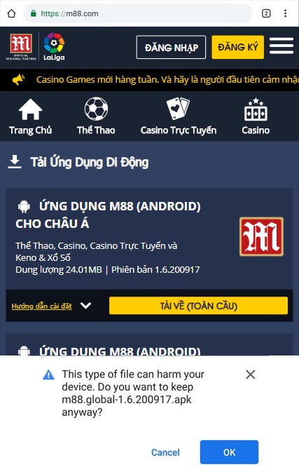 Giao diện bước 2 tải M88 trên thiết bị Android