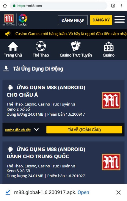 Giao diện bước 3 tải M88 trên thiết bị Android